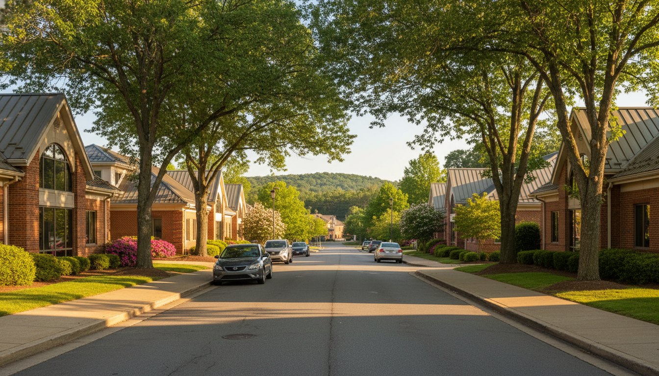 Tree-lined West Knoxville street with small professional medical offices